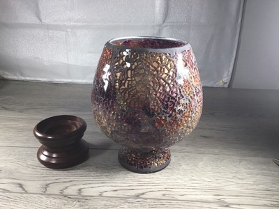 Multi Colored Cracked Glass Container With Candle Holder (8.5  Tall X 7 Wide)