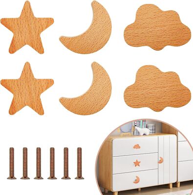 6 pcs Moon Star Cloud Beech Wood Knobs Pull Handle for Kid s room Wardrobe