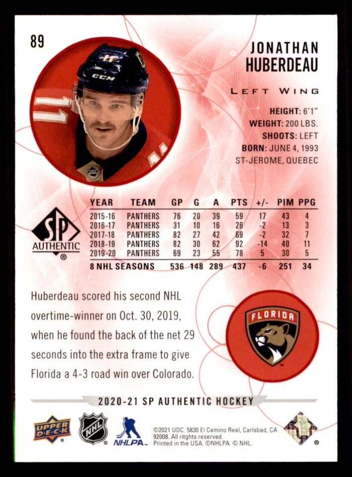 2020-21 SP Authentic Limited Red #89 Jonathan Huberdeau - Image 2 of 2