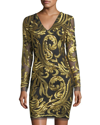 Alexia Admor New Sequin Embroidered Long Sleeve Dress NWT Black Gold S $229 