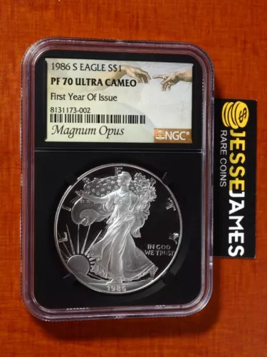 1986 S PROOF SILVER EAGLE NGC PF70 ULTRA CAMEO FIRST YEAR OF ISSUE MAGNUM OPUS