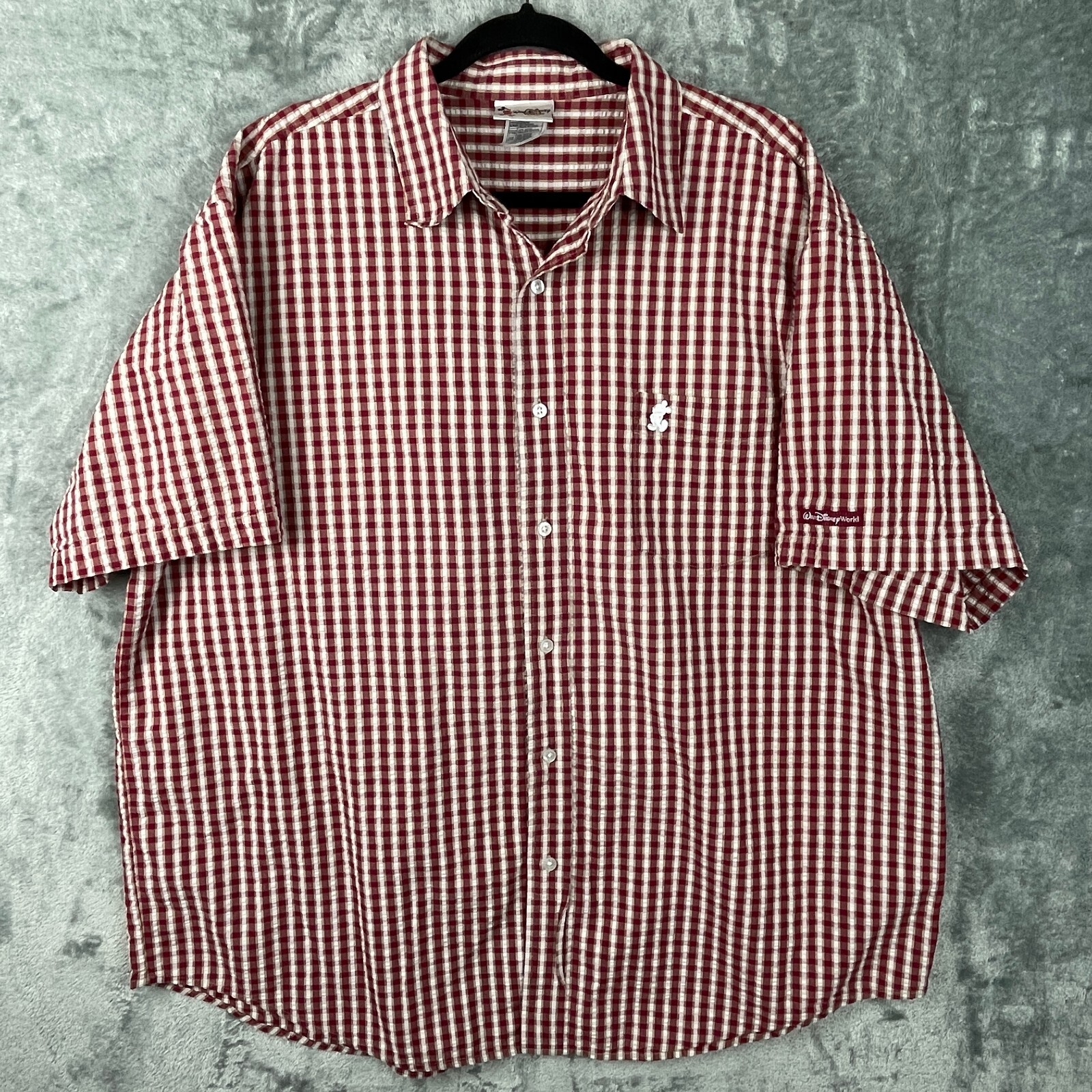 Walt Disney World Shirt Mens 2XL Red Plaid Seersucker Button Up Short Sleeve