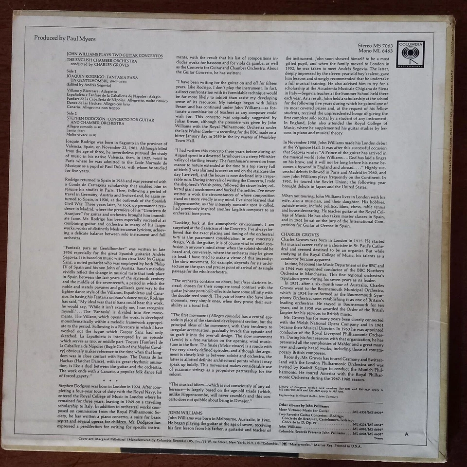 JOHN WILLIAMS PLAYS TWO GUITAR CONCERTOS COLUMBIA RECORDS VINYL LP 98-62 Foto 2 de 4