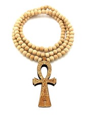 Egyptian Engraving Wood Ankh Pendant 8mm 36" Wooden Bead Necklace XJ219 -3 Color