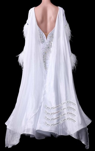 B8695 Mujer Baile Vals Tango Estándar Vestido de Baile UK10 US 8 Blanco Mangas - Imagen 2 de 5