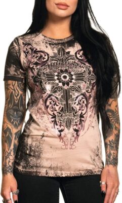 Affliction Women's ''PINECREST'' short sleeve apricot pink foiled t-shirt NWT