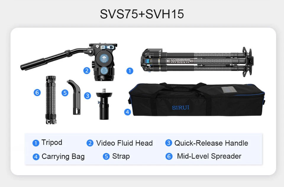 SIRUI SVS75 Carbon Fiber Video Camera Tripod SVH15 Fluid Head OneStep Adjustment - Image 2 of 4