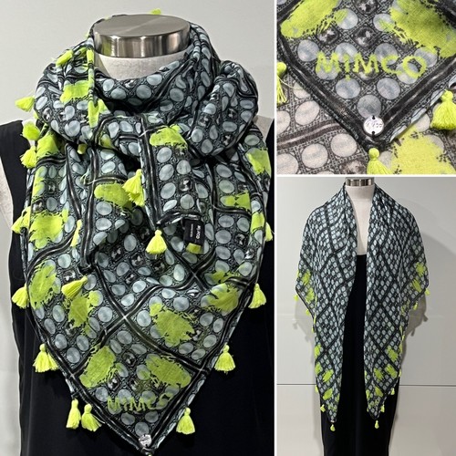 MIMCO Black/Lime Green Spots + Blocks SCARF, with Tassels 116cm x 116cm - 第 1/15 張圖片
