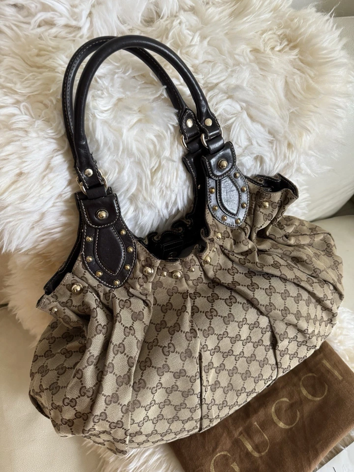 Gucci Pelham Large Shoulder Bag With Stud Detail Beige Ebony GG Brown Leather - Image 3 of 4