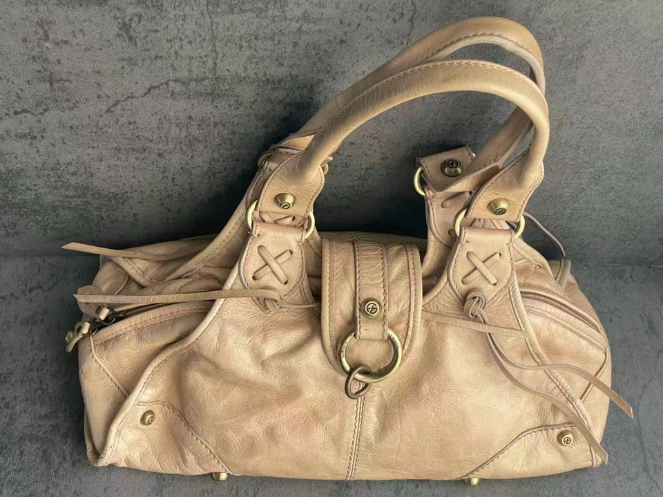 Винтажный Francesco Biasia кожаная сумка с короткими ручками голая бежевый латуни оборудование Италии - Изображение 2 из 4