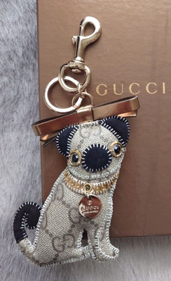 GUCCI Bag Charm Key Ring Guccioli Pug Dog Oliver GG Leather H7