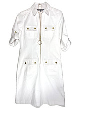 Sharagano White Cotton Blend Shift Dress Above Knee Pockets Zip Women's 4P