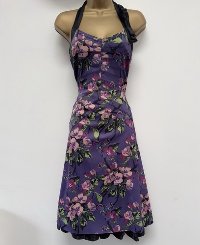 Abito Karen Millen Uk12 EU40 US8 viola floreale raso anni 40 vintage collo alto - Foto 5 di 17