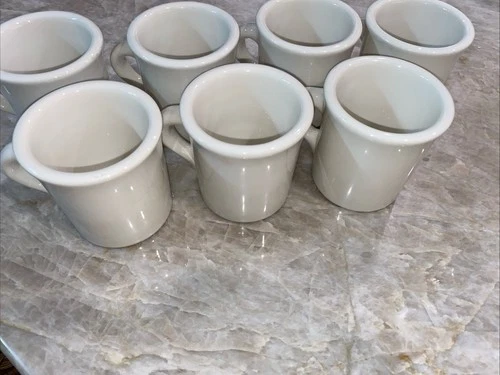 7 VINTAGE HOMER LAUGHLIN HEAVY RESTAURANT WARE WHITE COFFEE MUGS USA Marked IB