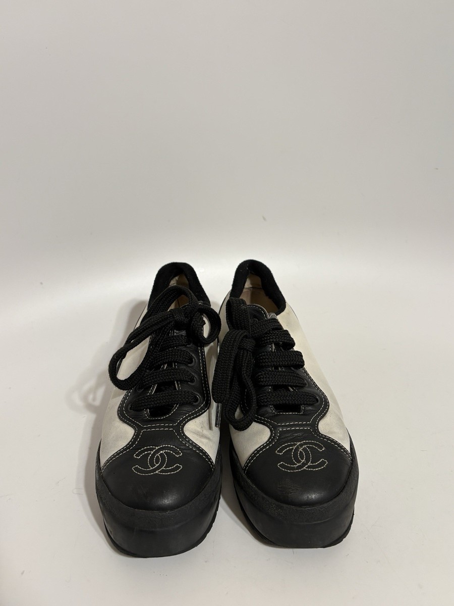 Vtg Chanel Black Leather CC Logo Sneakers 36 | eBay