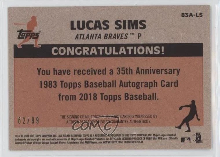 2018 Topps 1983 Topps Design Auto Black /99 Lucas Sims #83A-LS Rookie Auto RC - Image 2 of 2