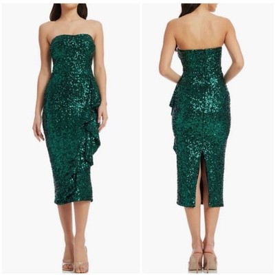 Dress The Population Alexis Sequin Strapless Ruffle Dress Emerald Green Large