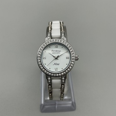 Armitron Now Womens Tank Watch Silver Tone Ceramic Crystals Bling New Battery 7\