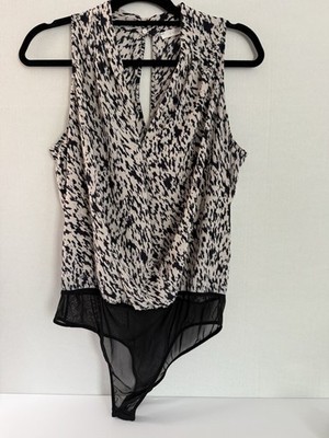 Lush Sleeveless Wrap Bodysuit Animal Print Pattern with A Black Mesh Bottom Lg L