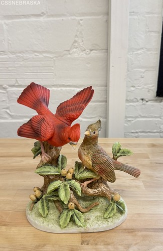 Cardinal Bird Figurine Hand-Painted Male and Female Pair Nature Scene 11 Inch