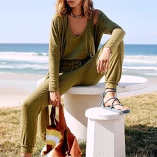 Free People Beach Two Piece Bicoastal Set Jumpsuit And Cardigan Moss Green