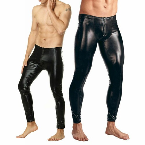 Stylish Black Wetlook Leather Pants for Men Slim Fit Leggings with Pouch - Picture 6 of 27