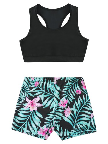 Kids Girls Two Piece Sport Dance Outfits Gymnastic Crop Top Bra with Shorts Set - Picture 71 of 84