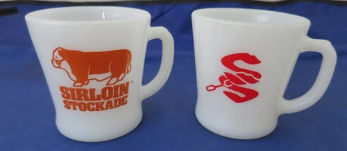 Two Vintage SIRLOIN STOCKADE Logo Anchor Hocking Fire King D-Handle Coffee Mugs