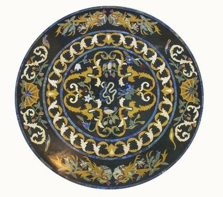 42 Inch Black Marble Round Table Top with Floral Pietra Dura Art for Home Garden