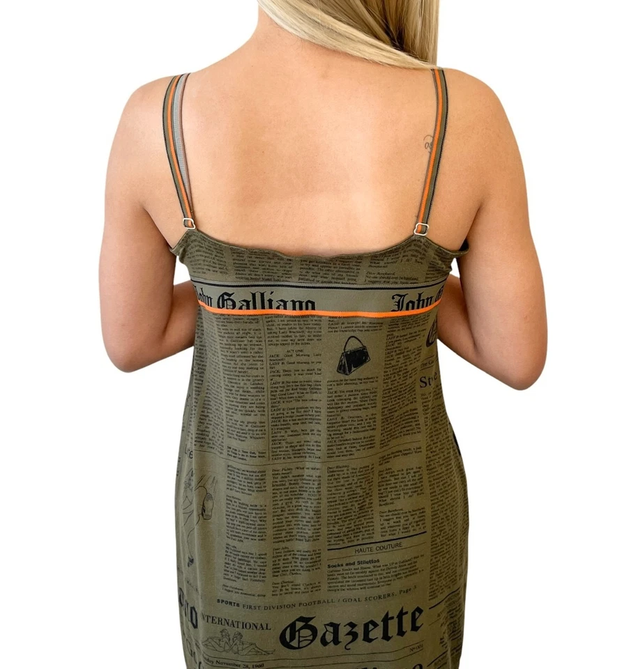 John Galliano Vintage Logo Newspaper Print Mini Dress #M Khaki Orange Cotton - Image 3 of 4