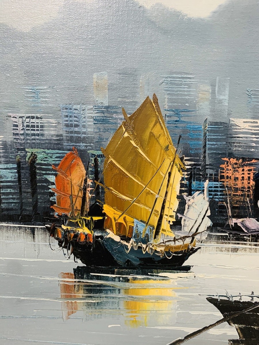 Original Signed Painting By T. Wong Of Hong Kong Harbor
