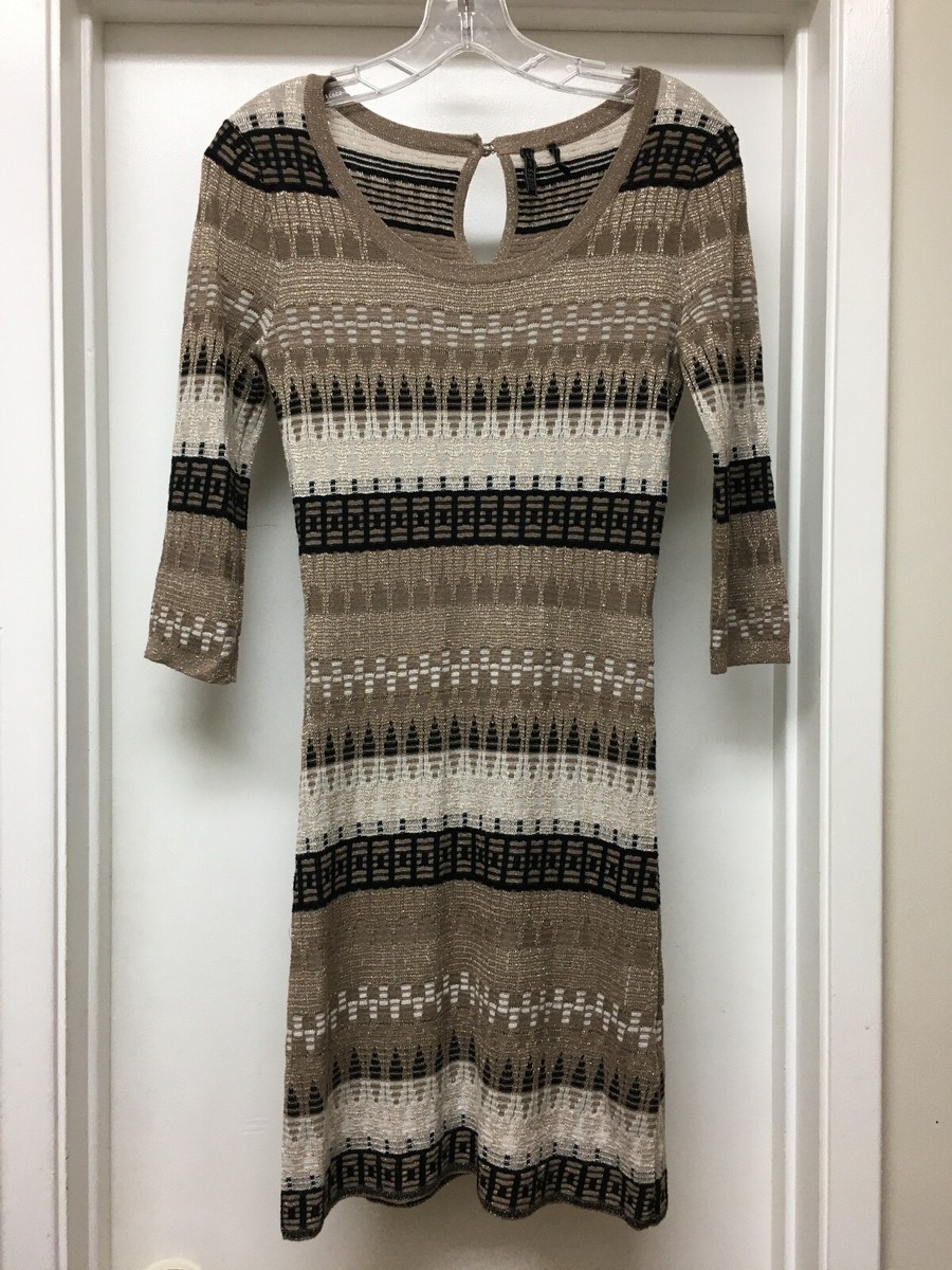 GUESS Black Tan Gold Metallic 3/4 Sleeve Knit Dress Sz Small EUC | eBay