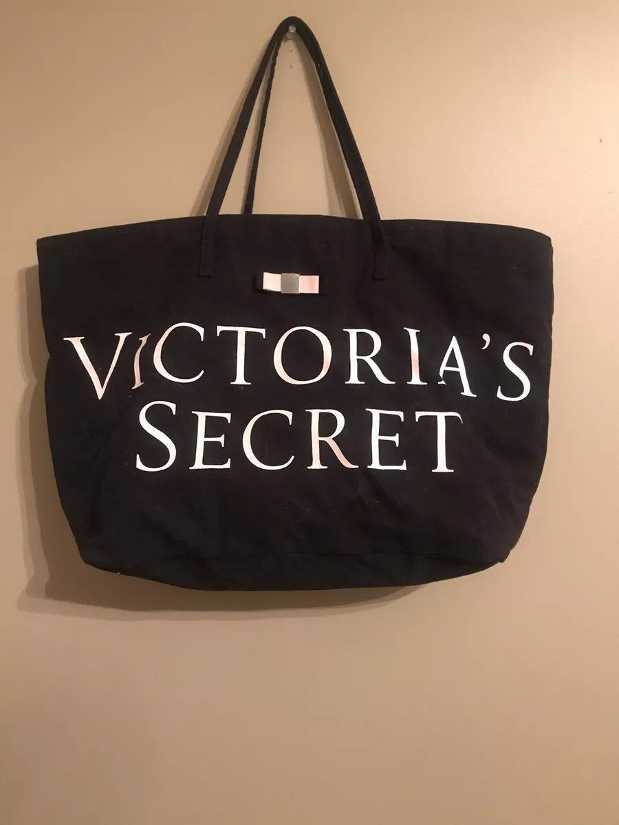 Victorias Secret Black Canvas Tote Bag Logo Spell Out With Pink