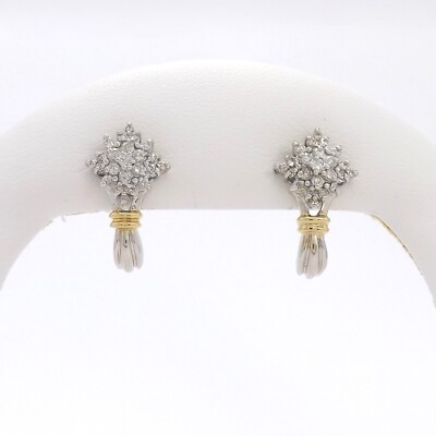 14k Gold Natural Diamond Drop Stud Earrings Cluster Snowflake Two Tone