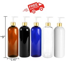New16 OZ PET Plastic Bottle, Gold Pump Dispenser, Refillable Bulk 