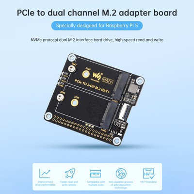 Raspberry Pi 5th Generation PCIe to Dual-Channel M.2 Adapter Board Dual M.2..