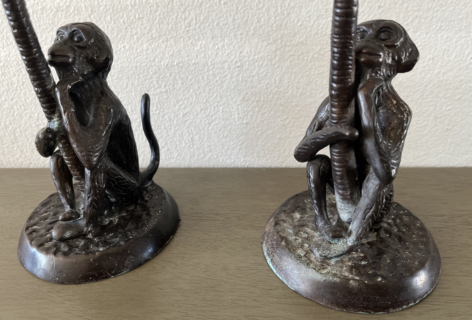Vintage Pair Of Solid Bronze Monkeys Climbing Palm Tree Candle Holders