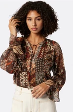 Joie Womens 100% Silk Blouse Brown Patchwork Print Long Sleeve V Neck XXS NEW