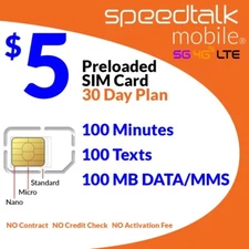 Speedtalk Smart Phone SIM Card $5 Talk Text Data 5G 4G LTE Preloaded 30-Day Plan