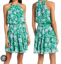 NWT Eliza J Halter Floral Print Chiffon Sleeveless Dress Lined In Green Size 14