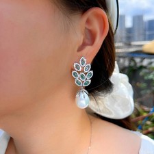 Women Silver Plated Cubic Zirconia Blue Leaf Big Pearl Dangle Long Drop Earrings