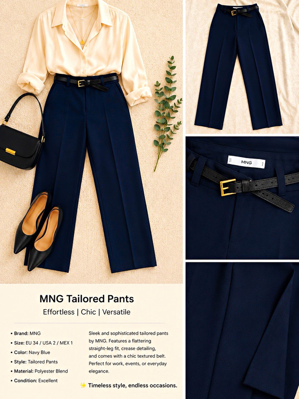 MNG Women’s Navy Blue Slim Fit Straight Leg Dress Pants Belted Zip