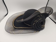 David M Black Felt Wide Brim Hat Gold Braid Netting Accents Church Wedding