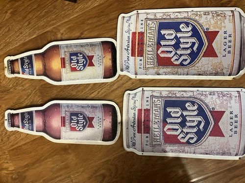 Lot of 4 Old Style Beer Metal Signs – Bottle & Can Wall Decor – Vintage Style