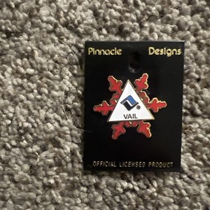 Vail Ski Resort Snowflake Lapel Pin Gold Tone Red Enamel Vintage