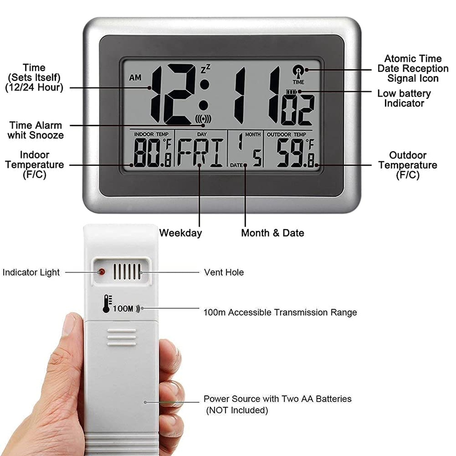 UMEXUS Atomic Digital Clock with Indoor Outdoor Temperature, 9 inch Wall & De...