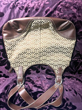 Coach Signature Brown Beige Shoulder Bag Zip Top Double Handles Silver Hardware