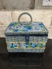 Vintage Azar Sewing Basket Blue Floral Print Wicker W/tray 8”W X 5.5” H