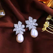 Shiny Cubic Zirconia Flower Earrings Pearl Dangle Drop Silver Plated Bridal Gift