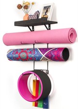 Yoga Mat Holder Wall Mount Yoga Mat Storage Home Gym with Wood Floating Shelv...